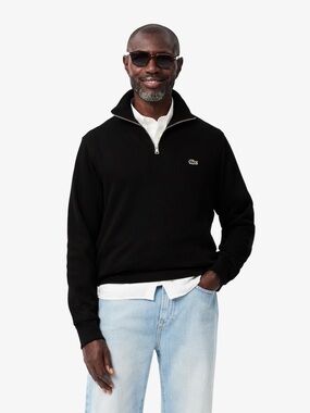 Lacoste Men's Black Quarter-Zip Cotton Pullover with Crocodile Logo